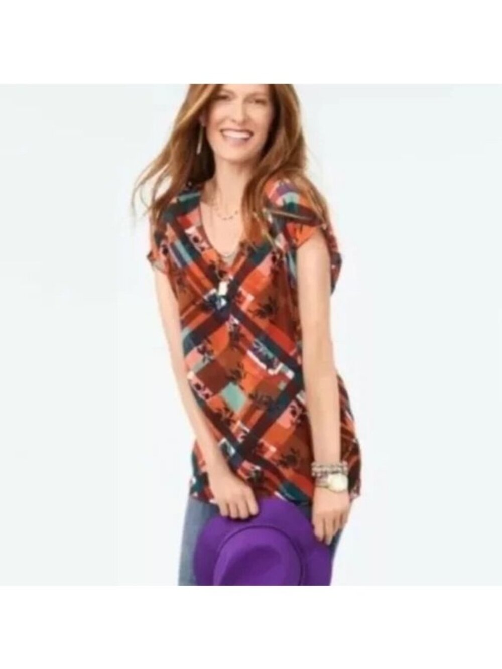 Cabi Oversized Blouse with Tank #3773 Lattice Top Zadie Flower Check Small